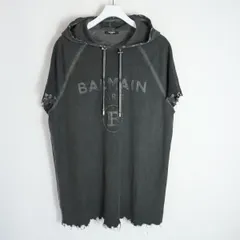 国内正規 美品 BALMAIN バルマン デストロイ加工 フロントロゴ プルオーバー 半袖 スウェット パーカー サイズS 3741I208 本物 灰 4221Q♪のサムネイル