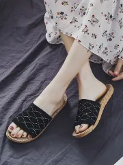 【新品】 麻 ルームシューズ 麻 スリッパ 夏用 ベランダ サンダル　ブラック　レース　刺繍　　ku1のサムネイル