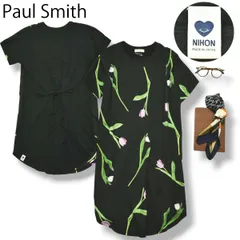 【極美品】 日本製 ポールスミス ジーンズ Paul Smith チューリップ プリント 膝丈  I ライン ワンピース ドレス クルーネック デザイン ワンピ M ブラック レディース ♪のサムネイル