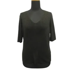 美品 DAMA collection ダーマコレクション シルク100% ラメ 半袖 ニット セーター Vネック 大きいサイズ LL 黒 ブラック ゴールド レディース 古着 中古 USEDのサムネイル