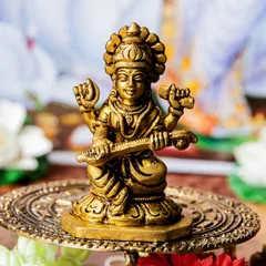 サラスヴァティ　坐像　六角形台座　Saraswati ブラス製　高さ：約7.5cm / サラスバティ サラスヴァティ サのサムネイル