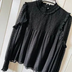 C-119　Trafaluc collection ZARA　ドットフリルシアーブラウス　L　ブラック　シャーリング　ピコフリル　立体ドット柄　長袖　上品　シフォン　大人かわいい　きれいめカジュアル　ぷっくり　春夏　ギャザーのサムネイル