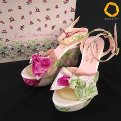 #sxs Jesus Diamante JESUS ​​DIAMANTE Sandals, Size M, Pink/Green Multi-color Rose Pattern, Platform Heel, Wedge Sole, with Box [1021354] k01