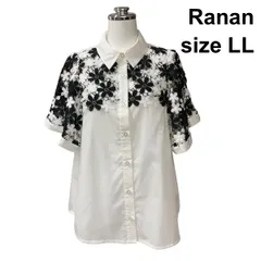 □ ラナン Ranan シャツ ブラウス 半袖 フレアスリーブ レース使い トップス モノトーン 白 黒 綿混 LL 13号 レディース Z6C379のサムネイル