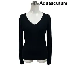 ◆ アクアスキュータム Aquascutum リブニット 長袖 Vネック ラメ Iライン リブ切り替え 黒 毛 M 9号 レディース S6H206のサムネイル