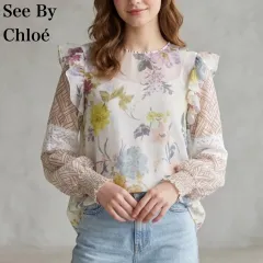 シーバイクロエ SeeByChloe ポルトガル製 ビスコース ブラウス トップス フリル 長袖 ボリューム袖 シフォン レース シャーリング 花柄 フラワー 幾何学模様 白 ホワイト マルチカラー 36 S M 華やか エレガント デート お出かけ 美品のサムネイル