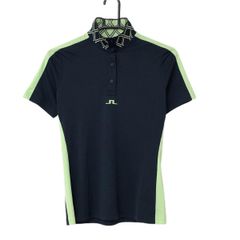 【超美品】ジェイリンドバーグ 半袖ハイネックシャツ ネイビー×ライトグリーン系 レディース S ゴルフウェア 2023年モデル J．LINDEBERG