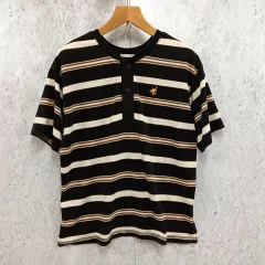 Java ジャバ Tシャツ ヘンリーネック ボーダー柄 吸水速乾 胸刺しゅう ブラックホワイト Lサイズ □〇のサムネイル