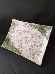 F27-04/美濃焼/織部萩の文 叩き長角大皿/約33.5cm☓26cm/骨董/飾皿/盛皿/飾り皿/大皿/絵皿/額皿/角皿/長皿/和食器のサムネイル