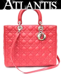 【在庫処分大セール】美品 クリスチャンディオール Christian Dior レディディオール カナージュ 2WAYバッグ ラージ ラムスキン 赤 S金具 【72269】のサムネイル