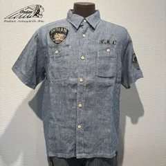 Indian Motocyacle（インディアンモトサイクル）×BETTY BOOP（ベティブープ）半袖シャツ　XLサイズ　ストライプ　青　トップス　メンズ　レディース　ユニセックス　アメカジ　カジュアル　ストリート　ペインター　バイク　バイカー　夏ツーリングのサムネイル