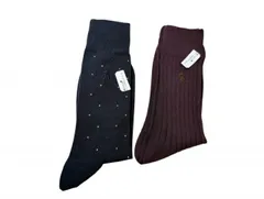 未使用  ポロ ラルフローレン メンズ 靴下 ソックス  リブ 25-27ｃｍ 2足セット POLO RALPH LAUREN ネイビー 紺ブラウン系 ワンポイント刺繍 ドット 水玉 ミドル丈 サンプル品 のサムネイル