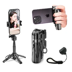 自撮り棒 多機能スマホグリップ 四脚 安定感アップ 超コンパクト 折りたたみ式 スマートフォンホルダー スマホ 三脚 リモコン付き コールドシュー付き コンパクト ある iPhone Androidに対応 写真/旅行/動画を撮る/セルフィー/生放送に最適 (ブのサムネイル