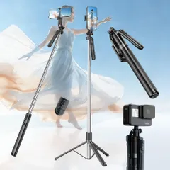 スマホ三脚 自撮り棒 スマホスタンド 安定グリップ付き 360°自由回転雲台搭載 収納後32cm 最大長さ180cm 1/4ネジ付き コンパクト iPhone&Android対応 旅行/自撮り/動画撮影/ライブ配信などに最適 日本語取扱説明書付き (ブラック)のサムネイル