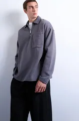 トップマン メンズ トップス ポロシャツ ハーフジップ Topman Oversize Long Sleeve Quarter Zipolo Grey グレーのサムネイル