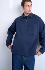 トップマン メンズ トップス ポロシャツ ハーフジップ Topman Oversize Long Sleeve Quarter Zipolo Navy ネイビーのサムネイル