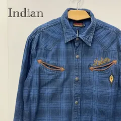 Indian Motocycle インディアン モトサイクル 長袖 シャツ  刺繍 チェック 古着 ブルー XLサイズ メンズ _208のサムネイル