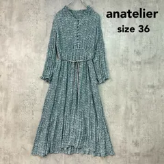 anatelier アナトリエ 36 ワンピース ロング マキシ 丈 長袖 プルオーバー プリーツ 花柄 総柄 リボン ベルト くるみボタン ティアード ポリエステル ブルー ワールド 古着 上品 清楚 お呼ばれ 通学 ★ ■◇ ◇■のサムネイル