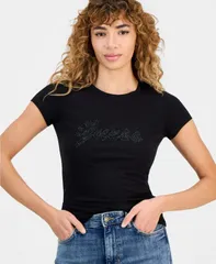 ゲス レディース トップス シャツ ロゴ GUESS Womens Rhinestone Logo TShirt Jet Black A996 ブラックのサムネイル