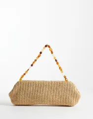 マンゴ レディース バッグ Mango raffia shoulder bag with beaded strap BEIGE ベージュのサムネイル