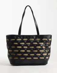 エイソス レディース バッグ コントラスト ASOS DESIGN contrast weave tote bag with naturalining Black ブラックのサムネイル