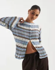エイソス レディース アウター カーディガン ニット ASOS DESIGN knitted ladder stitch cardigan stripes Blue stripe ブルーのサムネイル