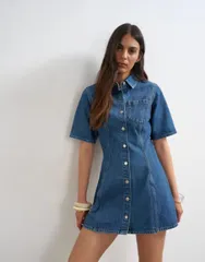 トップショップ レディース トップス ワンピース ボタンダウン ミニ ダウン デニム Topshop denim short sleeve button down mini dress in midのサムネイル