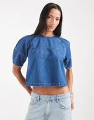 エイソス レディース トップス Tシャツ デニム ASOS DESIGN raglan cocoon sleeve smock denim top in midwash blue part of aのサムネイル