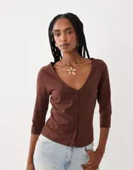 エイソス レディース アウター カーディガン ASOS DESIGN 34 sleeve button up cardi part of a set BROWN ブラウンのサムネイル