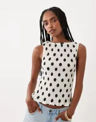 エイソス レディース トップス タンクトップ ドット リネン ASOS DESIGN linen look shir red tank top in polka dots Polka Dot ドットのサムネイル