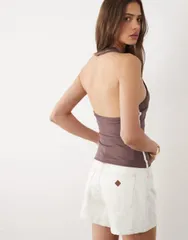 エイソス レディース トップス Tシャツ ホルター ASOS DESIGN halterneck top with side stripe in chocolate チョコレートのサムネイル