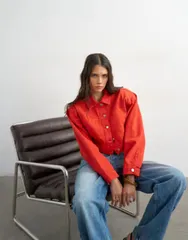 トップショップ レディース アウター ジャケット・ブルゾン クロップド デニム Topshop denim cropped shoulder pad jacket RED レッドのサムネイル
