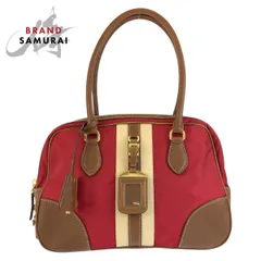 PRADA プラダ 三角ロゴプレート レッド ブラウン ゴールド金具 キャンバス/レザー ハンドバッグ ボーリングバッグ レディース 602203【中古】のサムネイル