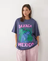 エイソス レディース トップス Tシャツ グラフィック ASOS DESIGN oversized Tshirt with Oaxaca leopard graphic LIGHT BLUE ブルーのサムネイル
