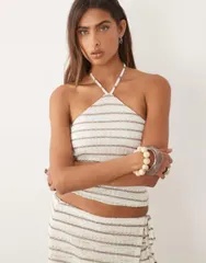 マンゴ レディース トップス シャツ プリント ホルター Mango Teen halterneck top striped print part of a set BEIGE ベージュのサムネイル