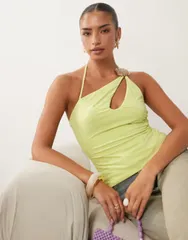 エイソス レディース トップス シャツ カットアウト アシンメトリー ASOS DESIGN slinky asymmetricutoutop with shell trim in lime ライムのサムネイル