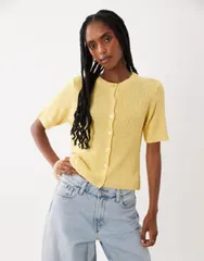 エイソス レディース アウター カーディガン ASOS DESIGN relaxed short sleeve slubby cardigan in yellow イエローのサムネイル