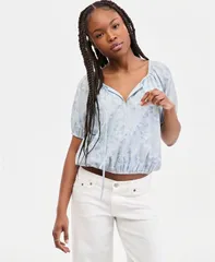 ラッキーブランド レディース トップス シャツ プリント 半袖 Lucky Brand Womens Printed ShortSleeve Bubble Top Blue Floral ブルーのサムネイル