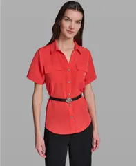 カール ラガーフェルド レディース トップス シャツ 半袖 KARLAGERFELD PARIS Womens Belted ShortSleeve Top Apple Red レッドのサムネイル