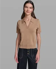 カール ラガーフェルド レディース アウター ニット・セーター 半袖 KARLAGERFELD PARIS WomenshortSleeve Nailhead Trim Sweater Cartoucのサムネイル