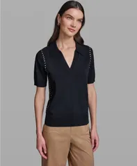 カール ラガーフェルド レディース アウター ニット・セーター 半袖 KARLAGERFELD PARIS WomenshortSleeve Nailhead Trim Sweater Midnighのサムネイル