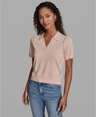 カール ラガーフェルド レディース アウター ニット・セーター 半袖 KARLAGERFELD PARIS WomenshortSleeve Nailhead Trim Sweater Light Bのサムネイル