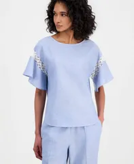 アンクライン レディース トップス シャツ プチ レース リネン Anne Klein Womens LinenBlend FlutterSleeve LaceTrim Top Regular Petのサムネイル