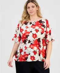 アンクライン レディース トップス シャツ フラワー柄 プラスサイズ プリント フラワー Anne Klein Plusize FloralPrint HalfSleeve Top White Dovのサムネイル