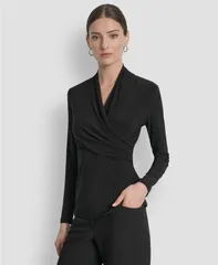 ダナ キャラン ニューヨーク レディース トップス シャツ プチ ジャージー DKNY Petite Matte Jersey Faux Wrap Top Black ブラックのサムネイル