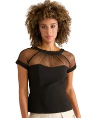 ミューズ レディース トップス シャツ クルーネック メッシュ Muse Womens Illusion Mesh Yoke and Sleeve Crewneck Top Black ブラックのサムネイル