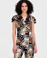 アンクライン レディース トップス シャツ プリント Anne Klein Womens PalmPrint FlutterSleeve Wrap Top Anne Black Multi ブラックのサムネイル