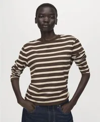 マンゴ レディース トップス Tシャツ 長袖 MANGO Womens LongSleeved Striped TShirt Brown ブラウンのサムネイル