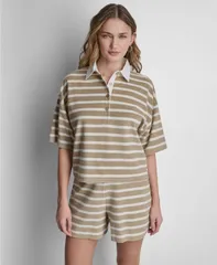 ダナキャランニューヨーク レディース トップス シャツ パイル DKNY Jeans Womens Towelling Terry Stripe Boxy Polo Top TravertineEggのサムネイル
