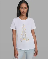 カール ラガーフェルド レディース トップス Tシャツ 半袖 ロゴ KARLAGERFELD PARIS Womens Eiffel Tower Logo ShortSleeve TShirt Whiのサムネイル